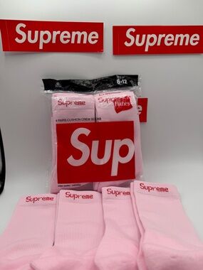 Supreme Pink Crew Socks 4-Pack with Red Logo
